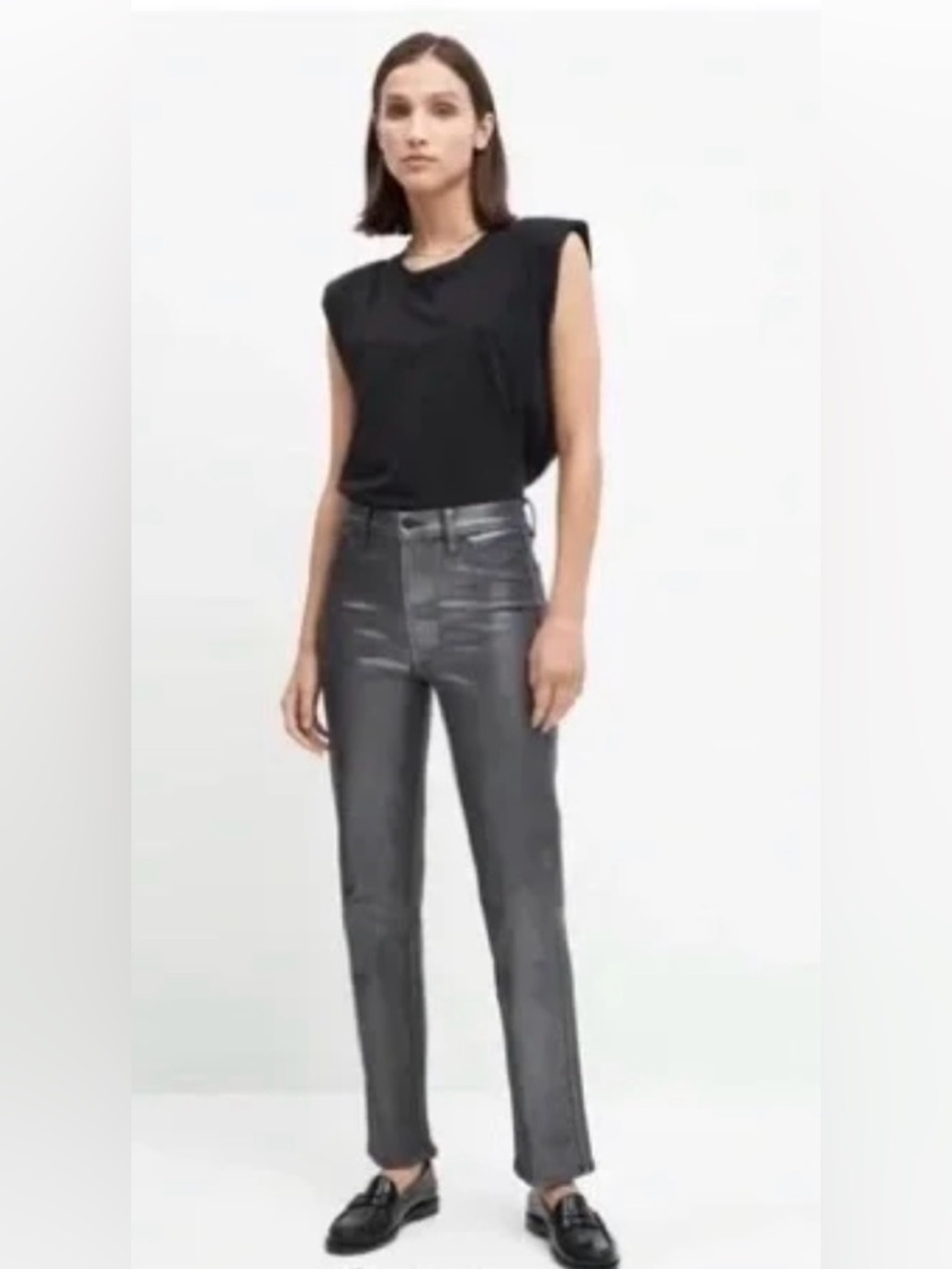 7 for all mankind high waisted straight leg metallic coated jeans size 26 NWOT